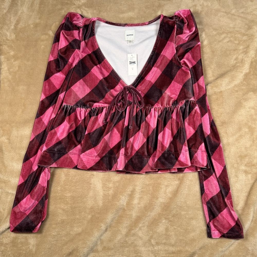 Maeve Anthropologie Pink Buffalo Plaid Velvet Peplum Top Long Sleeve Small NWT